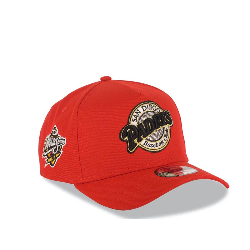 San Diego Padres New Era MLB 9FORTY 940 Adjustable A-Frame Cap Hat Red Crown/Visor Black/White/Gold Baseball Club Logo 1998 World Series Side Patch