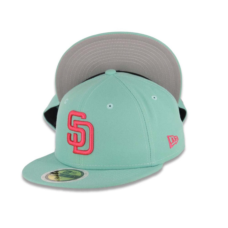 (Youth) San Diego Padres New Era MLB 59FIFTY 5950 Kid Fitted Cap Hat Light Teal Crown/Visor Magenta Logo Gray UV