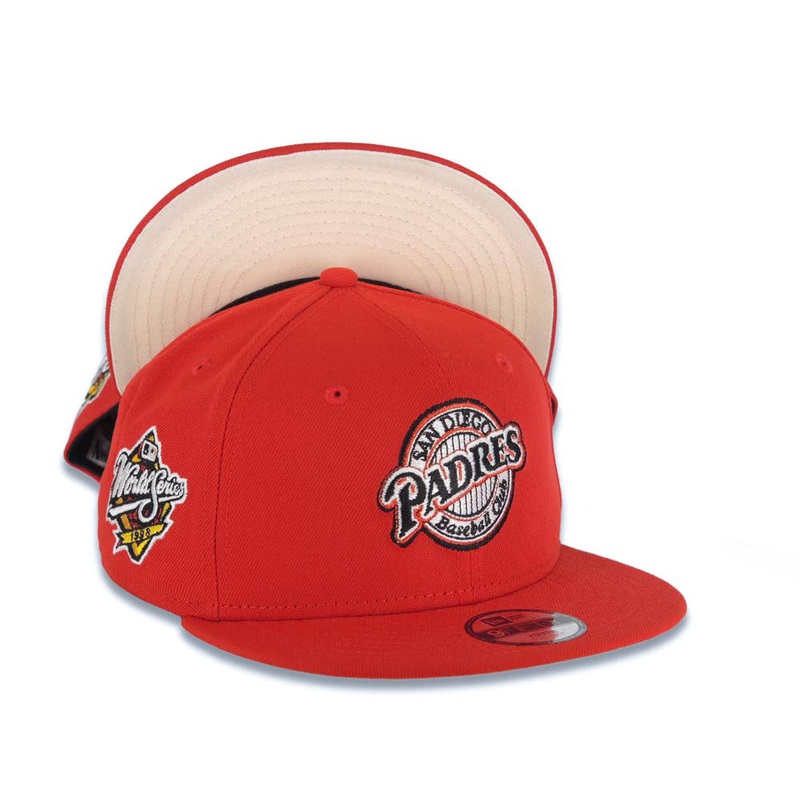 (Youth) San Diego Padres New Era MLB 9FIFTY 950 Kid Snapback Cap Hat Red Crown/Visor Black/Red Baseball Club Logo 1998 World Series Side Patch