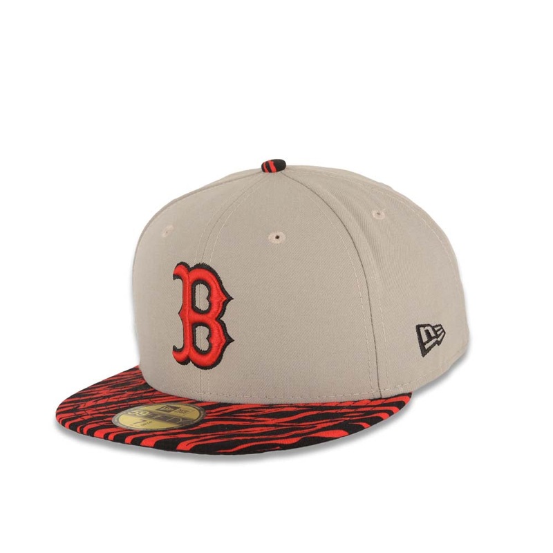 Boston Red Sox New Era MLB 59FIFTY 5950 Fitted Cap Hat Gray Crown Black/Red Zebra Print Visor Red/Black Logo