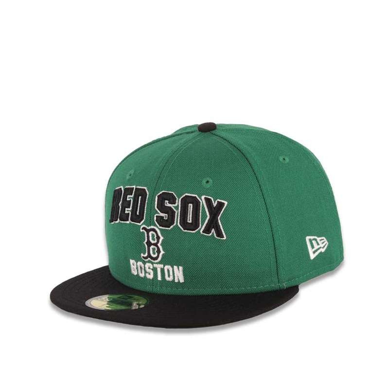 Boston Red Sox New Era MLB 59FIFTY 5950 Fitted Cap Hat Green Crown Black Visor Black/White Text Logo (Play Dirt)