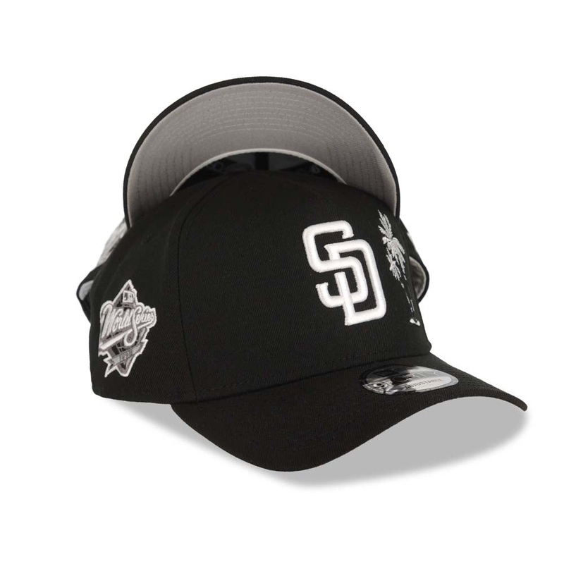 San Diego Padres New Era MLB 9FORTY 940 Adjustable A-Frame Cap Hat Black Crown/Visor White Logo With Palm Tree 1998 World Series Side Patch Gray UV