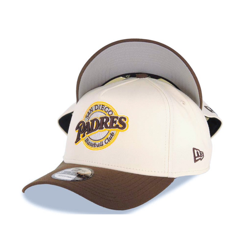 San Diego Padres New Era MLB 9FORTY 940 Adjustable A-Frame Cap Hat Cream Crown Brown Visor Brown/Yellow Baseball Club Logo Gray UV