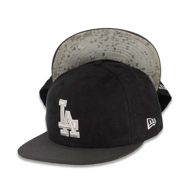 (Suede Crown) Los Angeles Dodgers New Era MLB 59FIFTY 5950 Cap Hat Black Crown Dark Gray Visor Gray/White Logo Camo UV