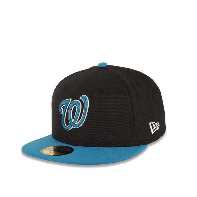 Washington Nationals New Era MLB 59FIFTY 5950 Fitted Cap Hat Black Crown Turquoise Visor Turquoise/White Logo