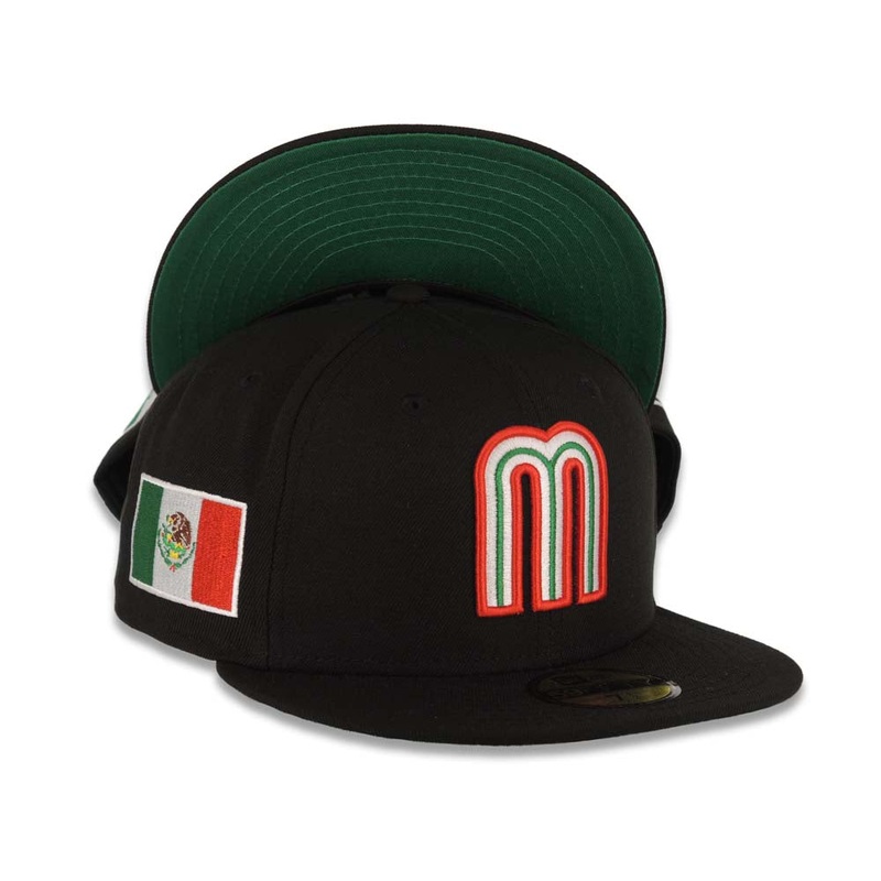 (Youth) Mexico New Era 59FIFTY 5950 Kid Fitted Cap Hat Black Crown/Visor Team Color Logo Mexico Flag Side Patch Green UV