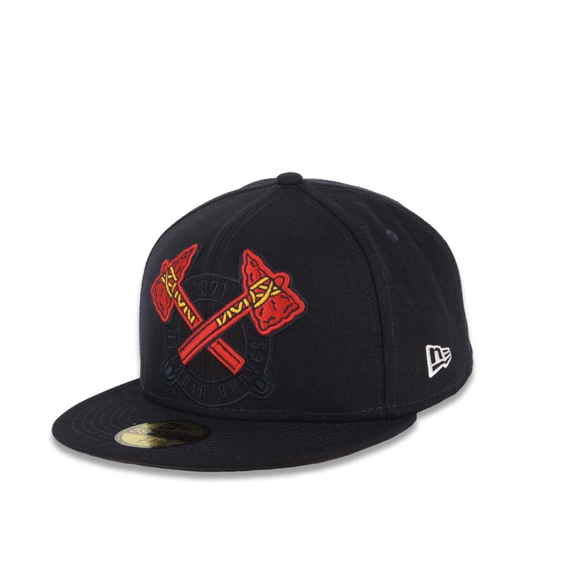 Atlanta Braves New Era MLB 59FIFTY 5950 Fitted Cap Hat 1871 Navy Blue Crown/Visor Red/Yellow Axe Logo