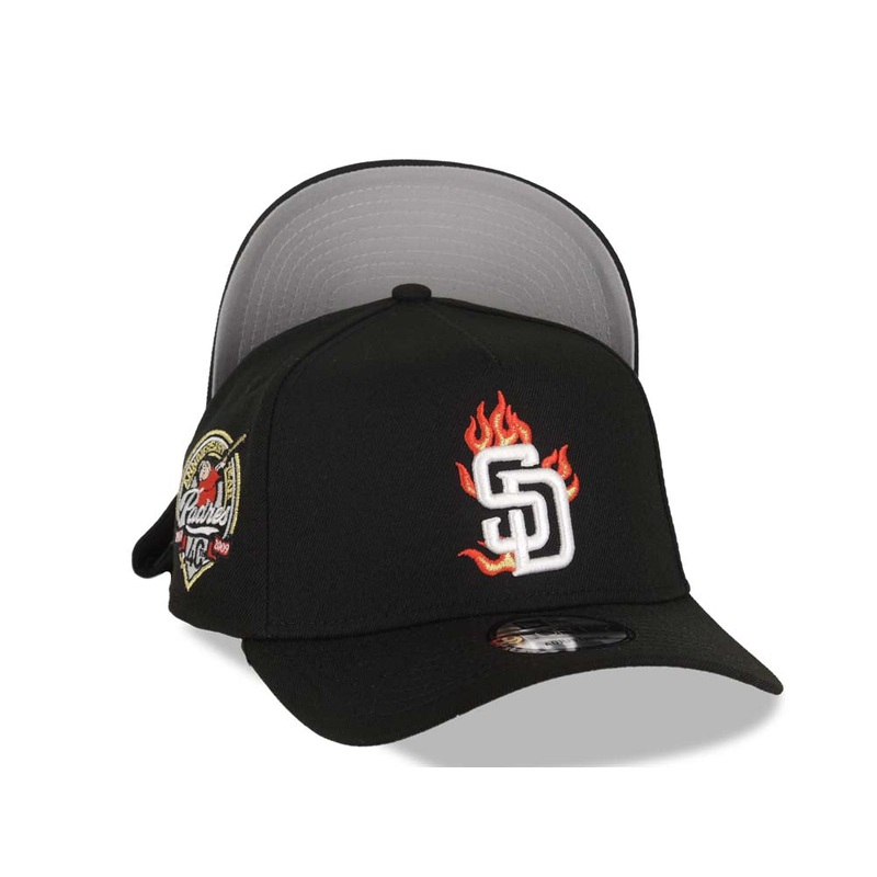 San Diego Padres New Era MLB 9FORTY 940 Adjustable A-Frame Cap Hat Black Crown/Visor White/Metallic Gold/Red Flame Logo 40th Anniversary Side Patch