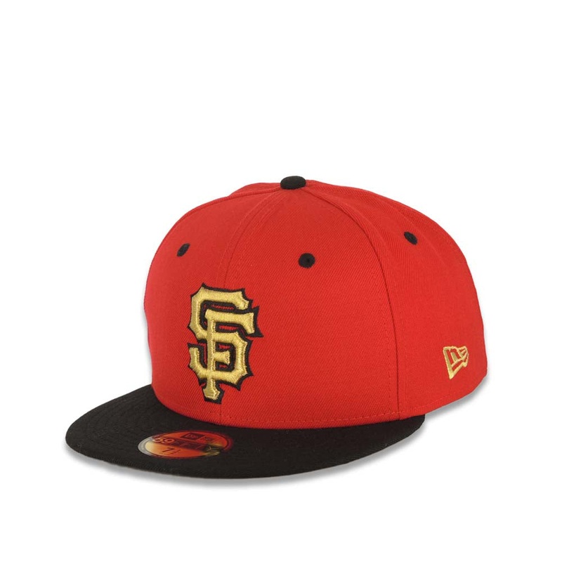 San Francisco Giants New Era MLB 59FIFTY 5950 Fitted Cap Hat Red Crown Black Visor Metallic Gold/Black Logo