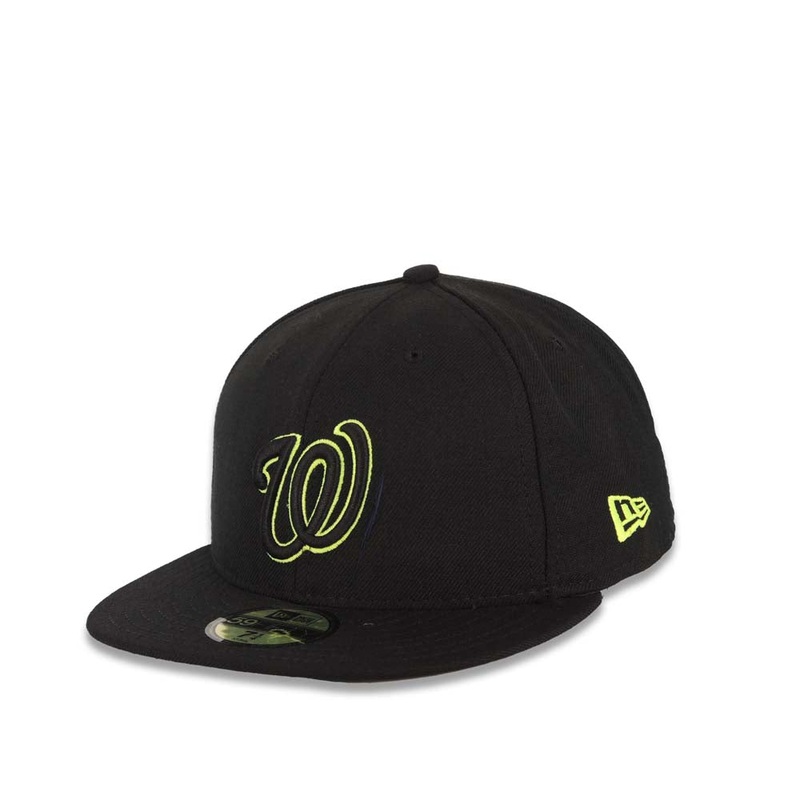 Washington Nationals New Era MLB 59FIFTY 5950 Fitted Cap Hat Black Crown/Visor Black/Neon Yellow Logo