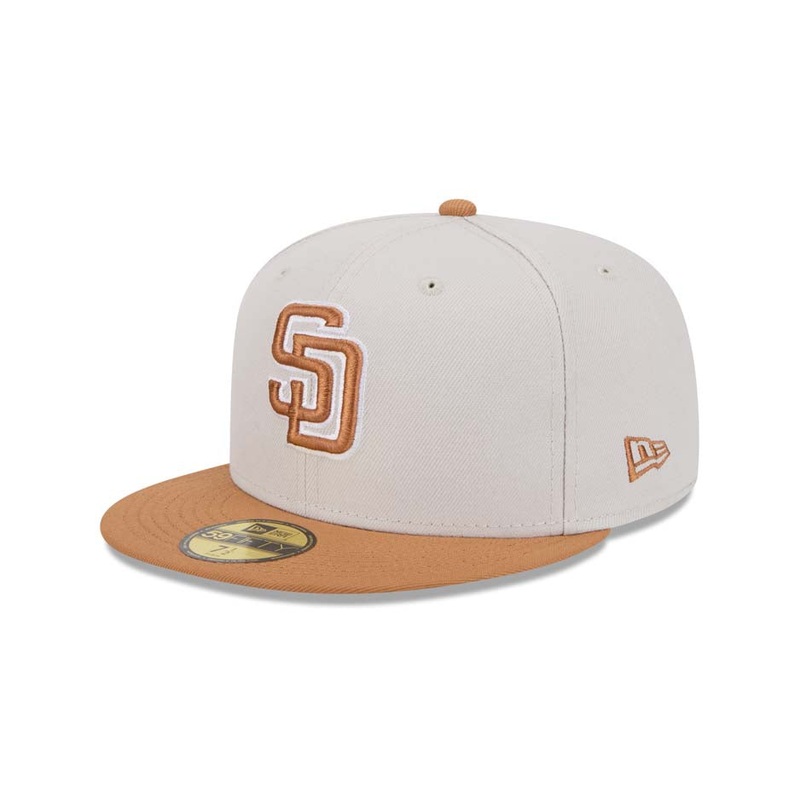 (Youth) San Diego Padres New Era MLB 59FIFTY 5950 Fitted Cap Hat Stone Crown Light Brown Visor Light Brown/White Logo Gray UV (Color Pack)