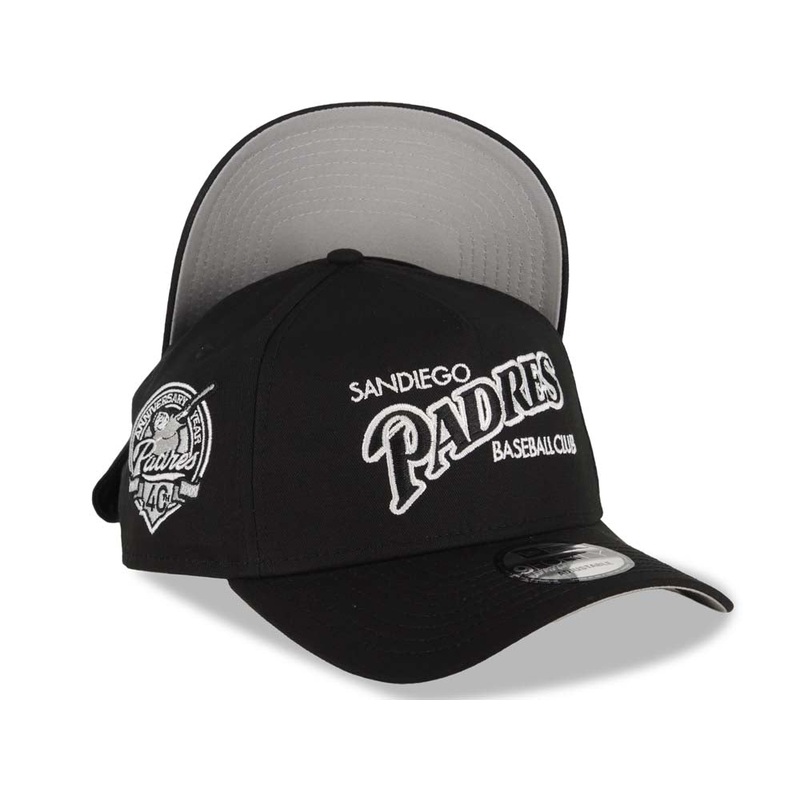 San Diego Padres New Era MLB 9FORTY 940 Adjustable A-Frame Cap Hat Black Crown/Visor Black/White Baseball Club Logo 40th Anniversary Side Patch GrayUV