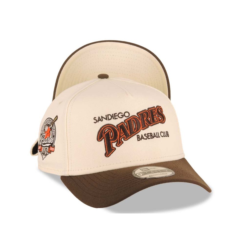 San Diego Padres New Era MLB 9FORTY 940 Adjustable A-Frame Cap Hat Cream Crown Brown Visor Brown/Orange Baseball Club Logo 40th Anniversary Side Patch