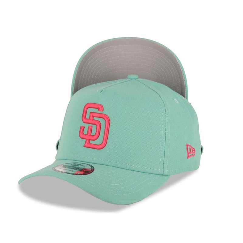 San Diego Padres New Era MLB 9FORTY 940 Adjustable A-Frame Cap Hat Light Teal Crown/Visor Magenta Logo Gray UV