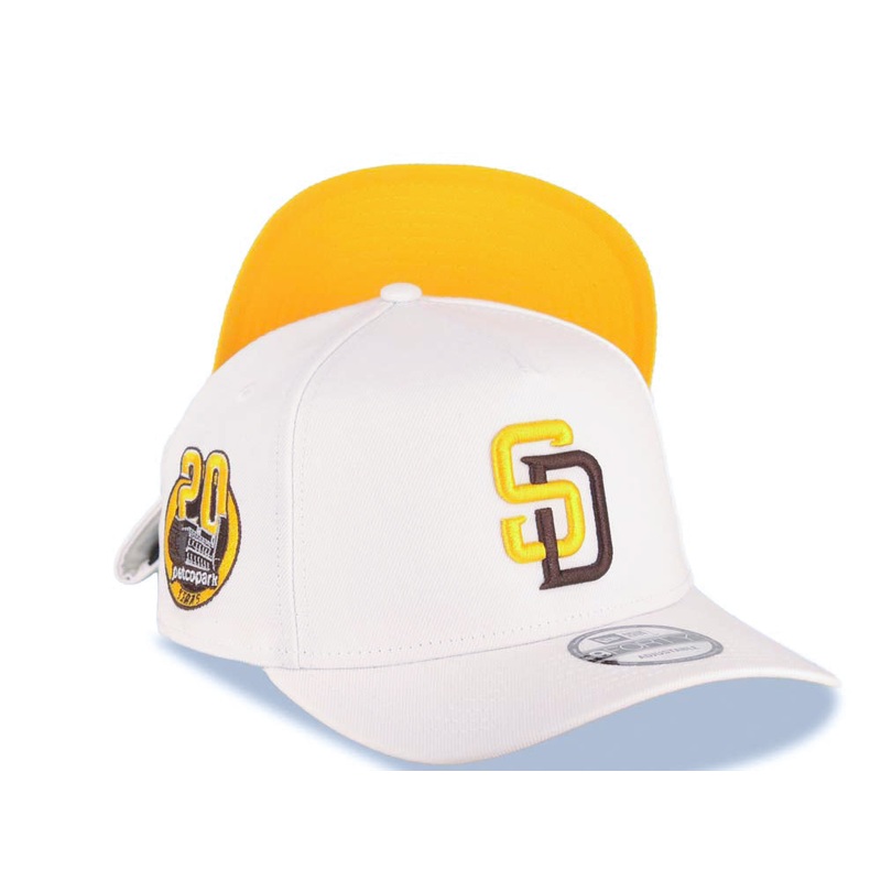 San Diego Padres New Era MLB 9FORTY 940 Adjustable A-Frame Cap Hat White Crown/Visor Yellow/Brown Logo Petco Park 20 Years Side Patch Yellow UV