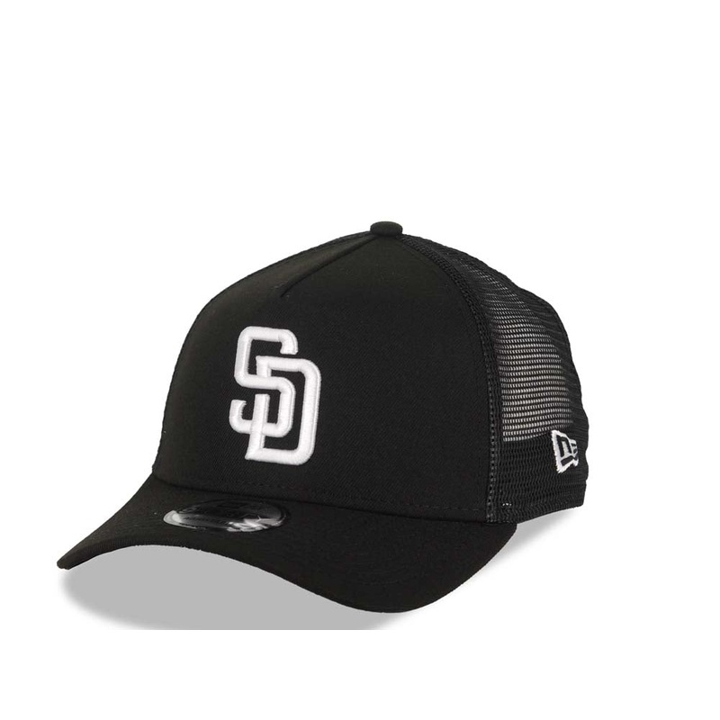 San Diego Padres New Era MLB 9FORTY 940 Adjustable A-Frame Tucker Mesh Cap Hat Black Crown/Visor White Logo Black UV