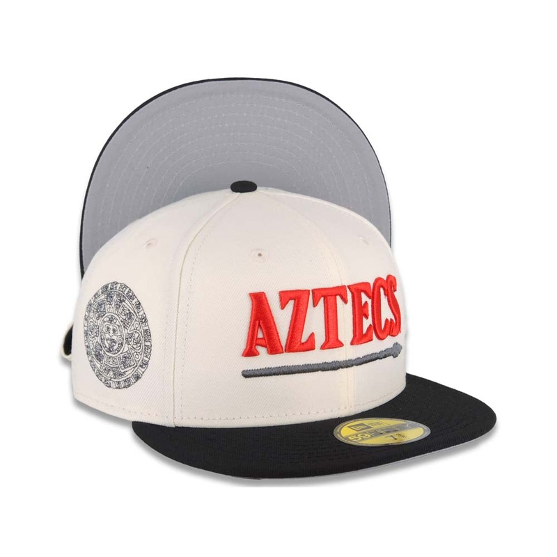 San Diego State Aztecs New Era NCAA 59FIFTY 5950 Fitted Cap Hat Cream Crown Black Visor Red/Black Text Logo Calendar Side Patch