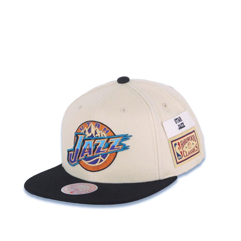 Utah Jazz Mitchell & Ness NBA Snapback Hardwood Classics Cap Hat Cream Crown Black Visor Team Color Logo
