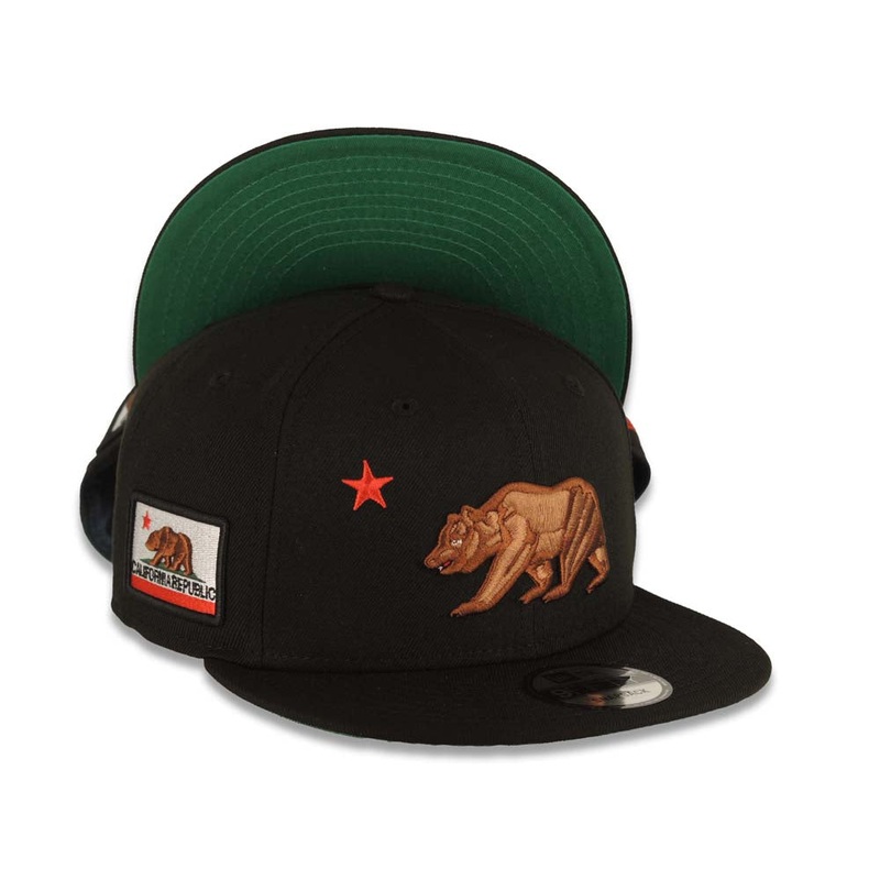 California Republic New Era 9FIFTY 950 Snapback Cap Hat Black Crown/Visor Brown Bear with Red Star Logo California Flag Side Patch Green UV