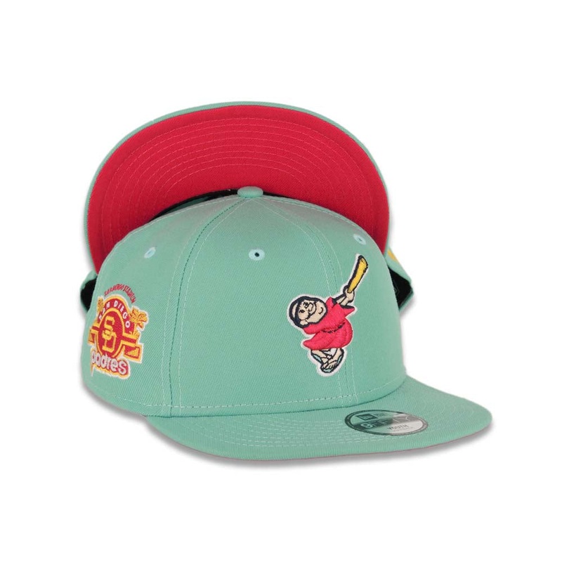 (City Connect Colors) San Diego Padres New Era MLB 9FIFTY 950 Snapback Cap Hat Light Teal Crown/Visor Magenta/Yellow Swinging Friar Logo Stadium Side Patch