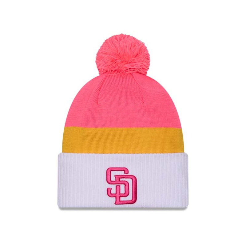 (City Connect) San Diego Padres New Era MLB Cuffed Pom Beanie/Knit Hat Magenta/Yellow/White Crown/Visor Magenta Logo