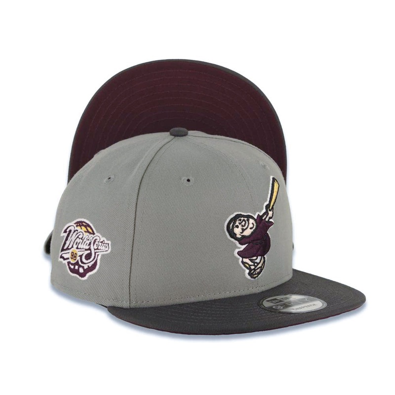 San Diego Padres New Era MLB 9FIFTY 950 Snapback Cap Hat Gray Crown Dark Gray Visor Maroon Logo 1998 World Series Side Patch Maroon UV