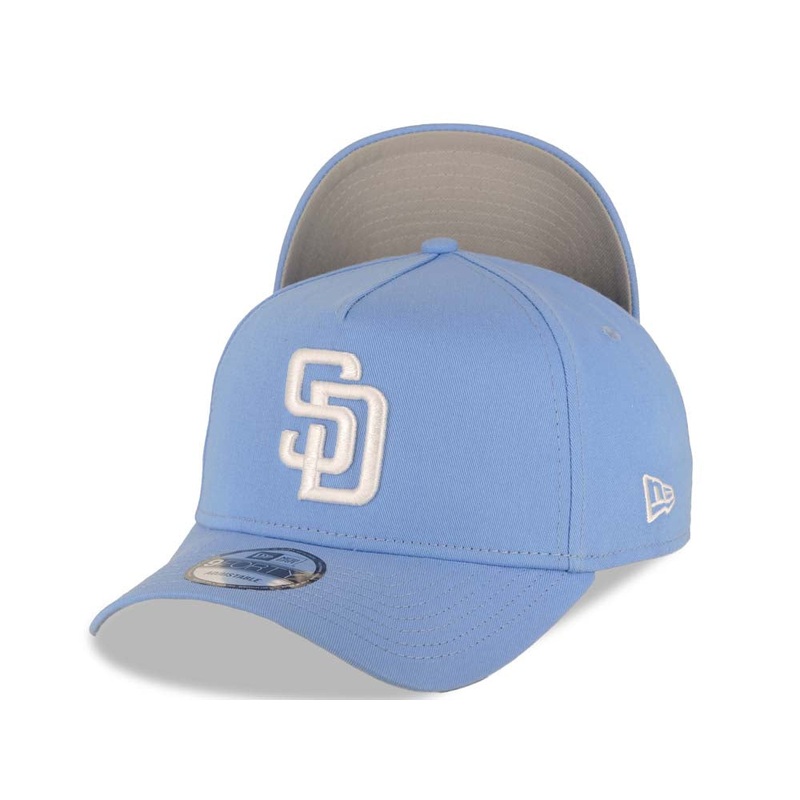 San Diego Padres New Era MLB 9FORTY 940 A-Frame Adjustable Cap Hat Sky Blue Crown/Visor White Logo Gray UV