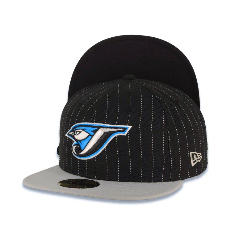 Toronto Blue Jays New Era 59FIFTY 5950 Fitted Cap Hat Black/White Pinstripe Crown Gray Visor Team Color Logo