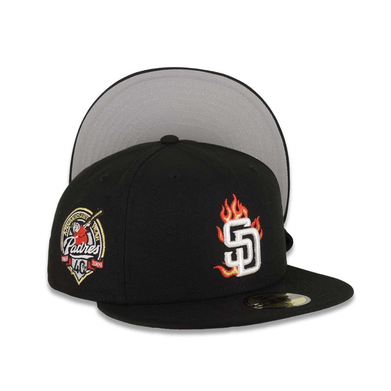 (Youth) San Diego Padres New Era MLB 59FIFTY 5950 Kid Fitted Cap Hat Black Crown/Visor White Fire/Flame Logo 40th Anniversary Side Patch Gray UV
