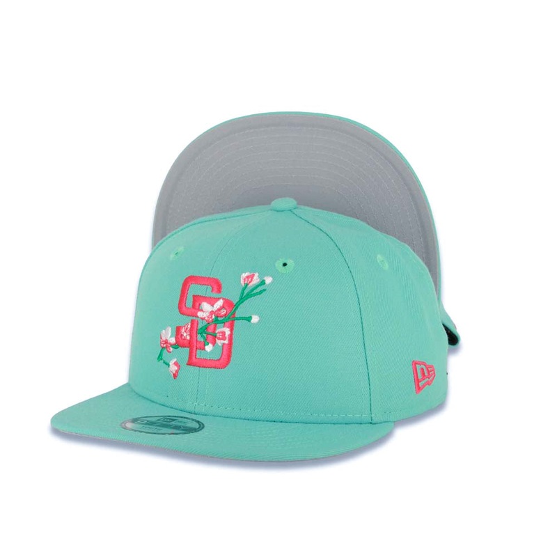 (Youth) San Diego Padres New Era MLB 9FIFTY 950 Kid Snapback Cap Hat Light Teal Crown/Visor Magenta with Rose Logo Gray UV (City Connect Color )