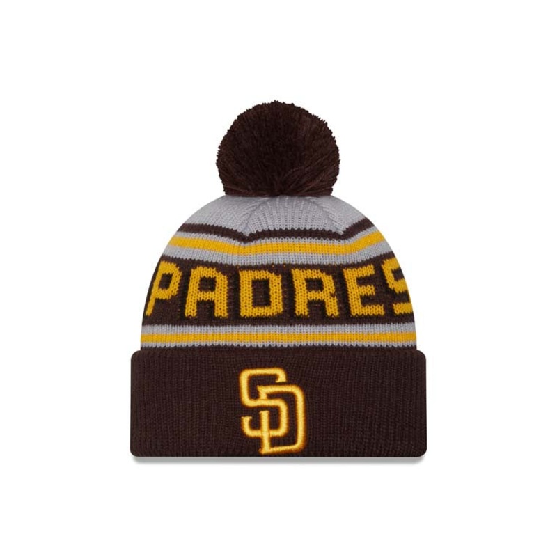 (Youth) San Diego Padres New Era MLB Kid Cuffed Pom Beanie/Knit Hat Gray/Brown Crown/Visor Yellow Logo (Word Mark)
