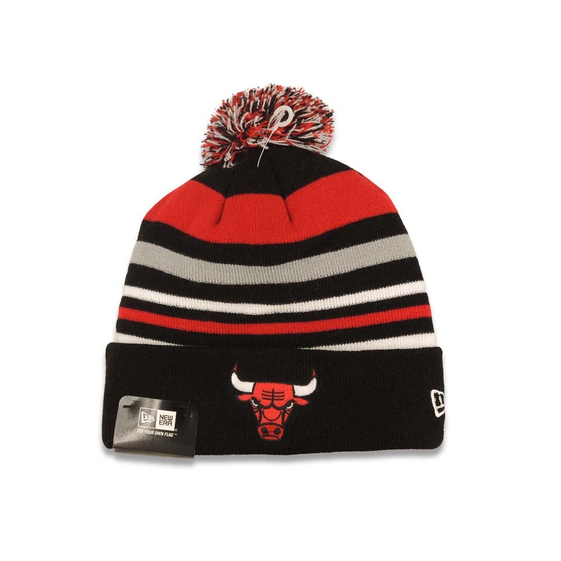 Chicago Bulls New Era NBA Cuffed Pom Beanie/Knit Hat Red/Black/White Crown/Visor Team Color Logo (Stripe Out)