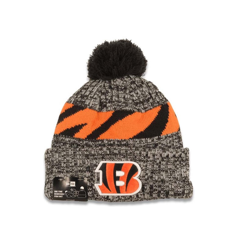 Cincinnati Reds New Era NFL Cuffed Pom Sideline Beanie/Knit Hat Black/Gray/Orange Crown/Visor Team Color Logo