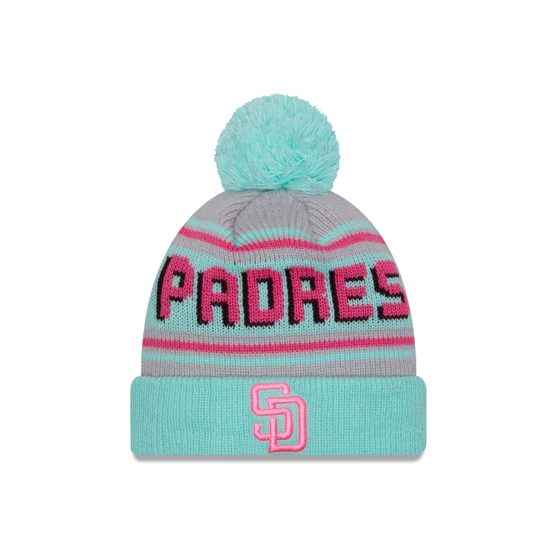 (City Connect) San Diego Padres New Era MLB Cuffed Pom Beanie/Knit Hat Light Teal/Magenta Crown/Visor Pink Logo