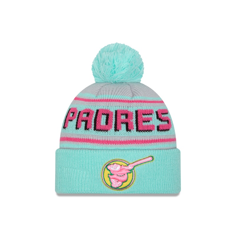 (City Connect) San Diego Padres New Era MLB Cuffed Pom Beanie/Knit Hat Light Teal/Pink Crown/Visor Pink/Yellow Swinging Friar Logo