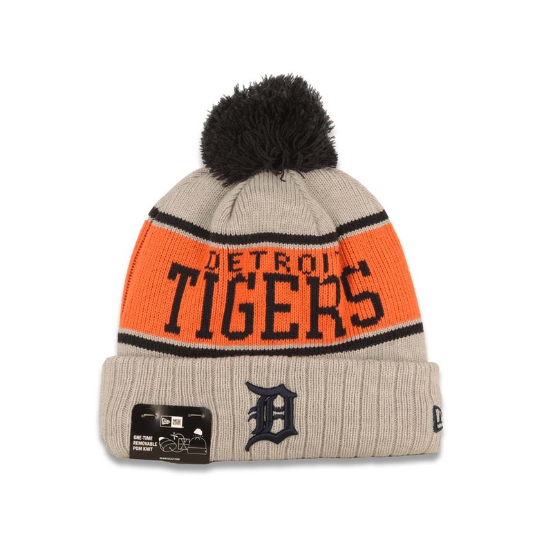 Detroit Tigers New Era MLB Cuffed Pom Beanie/Knit Hat Gray/Orange/Black Crown/Visor Black Logo (Stripe A3)