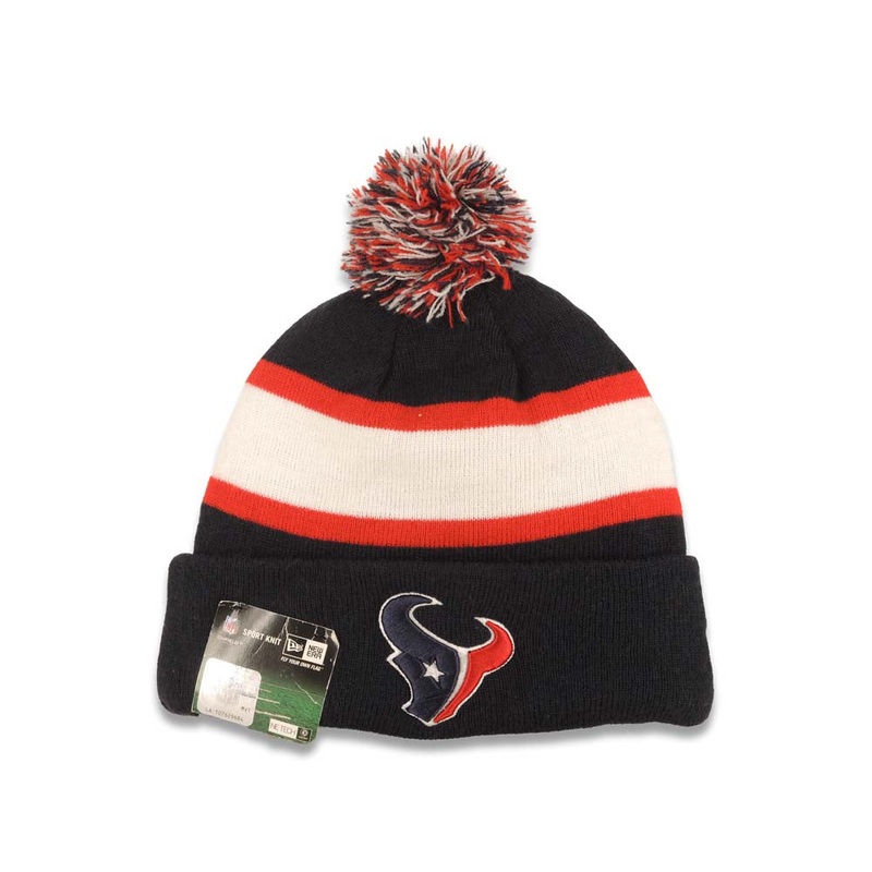 Houston Texans New Era NFL Cuffed Pom Beanie/Knit Hat Navy Blue/Red/White Crown/Visor Team Color Logo