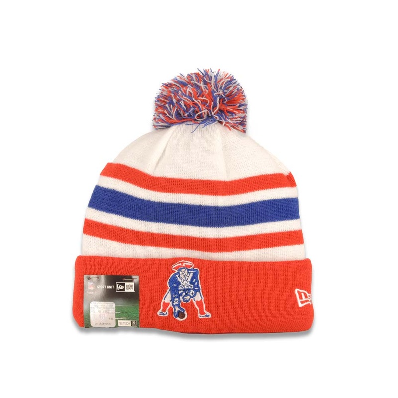 New England Patriots New Era NFL Cuffed Pom Sideline Beanie/Knit Hat White/Red/Blue Crown/Visor Team Color Logo
