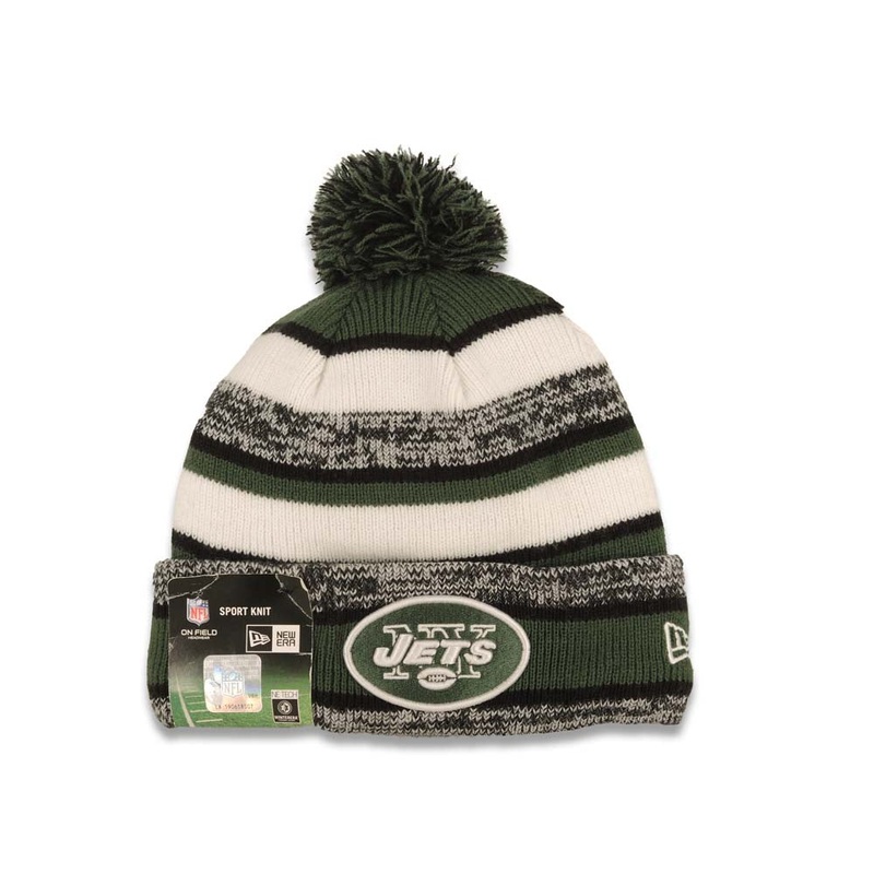 New Yourk Jets New Era Cuffed Pom Sideline Beanie/Knit Hat Green/Black/White Crown/Visor Team Color Logo