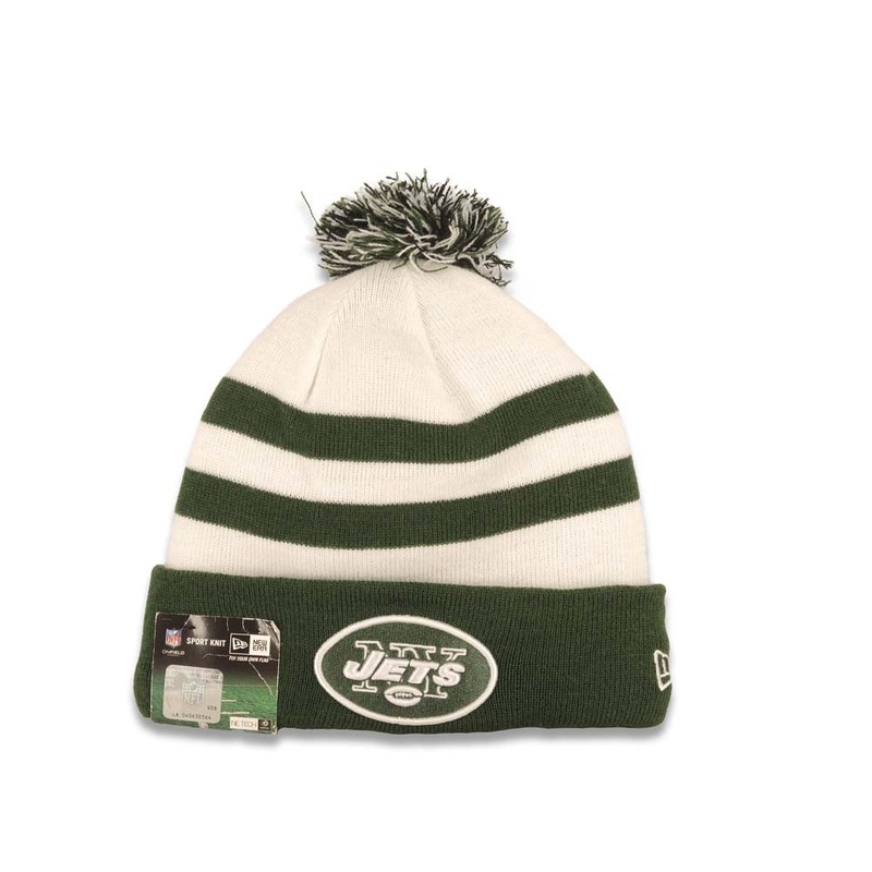 New Yourk Jets New Era Cuffed Pom Sideline Beanie/Knit Hat White/Green Crown/Visor Team Color Logo