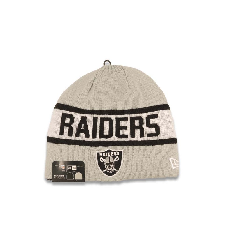 Oakland Raiders New Era NFL Uncuffed Skull Beanie/Knit Hat Gray/Black Crown/Visor Team Color Logo (Reverse)