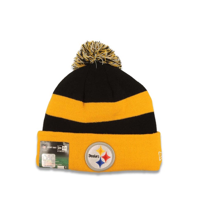 Pittsburgh Steelers New Era NFL Cuffed Pom Beanie/Knit Hat Sideline Black/Yellow Crown/Visor Team Color Logo