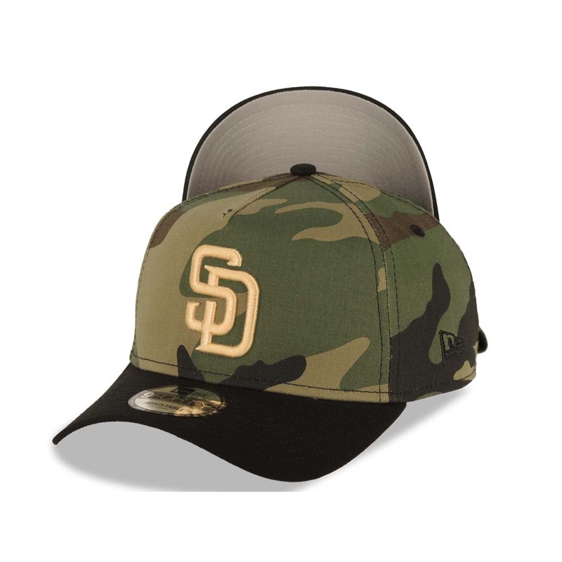 San Diego Padres New Era MLB 9FORTY 940 A-Frame Adjustable Cap Hat Camo Crown Black Visor Light Khaki Logo Gray UV