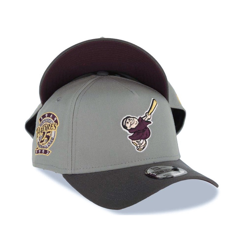San Diego Padres New Era MLB 9FORTY 940 Adjustable Cap Hat Gray Crown Dark Gray Visor Maroon/Yellow Swinging Friar Logo 25th Anniversary Side Patch