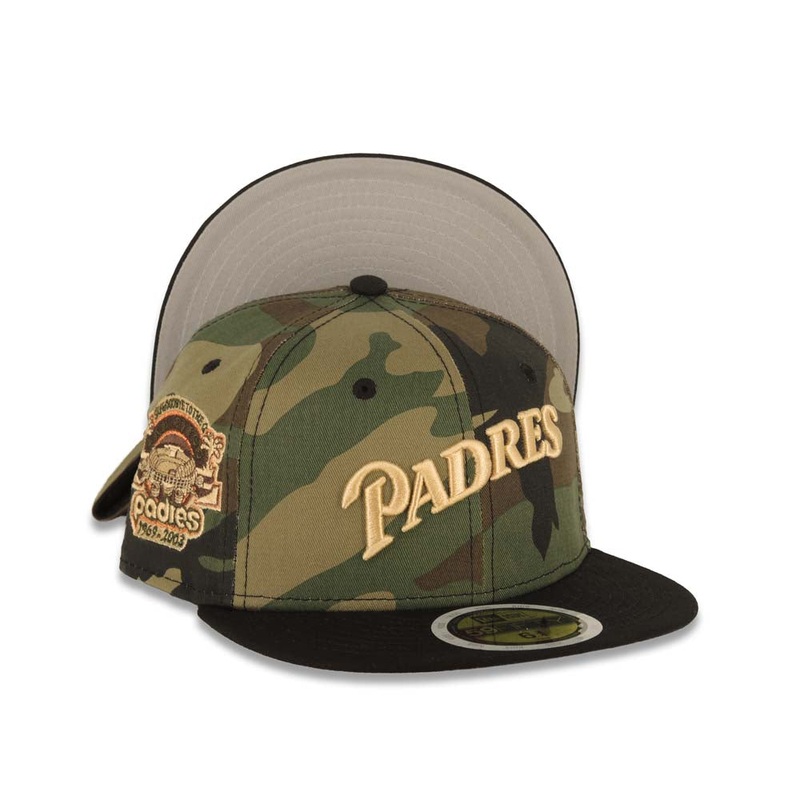 (Youth) San Diego Padres New Era MLB 59FIFTY 5950 Kid Fitted Cap Hat Camo Crown Black Visor Light Khaki Script/Text Logo 1969-2003 Stadium Side Patch