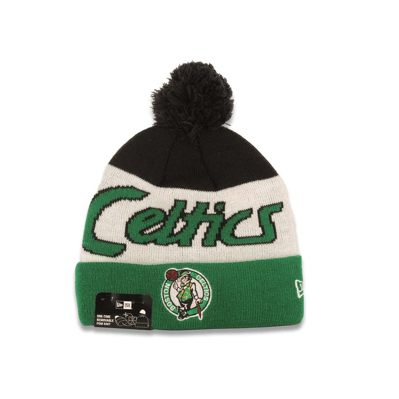 Boston Celtics New Era NBA Cuffed Pom Script A3 Beanie/Knit Hat Black/White/Green Crown/Visor Team Color Logo
