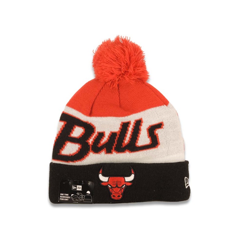 Chicago Bulls New Era NBA Cuffed Pom Script A3 Beanie/Knit Hat Red/White/Black Crown/Visor Team Color Logo