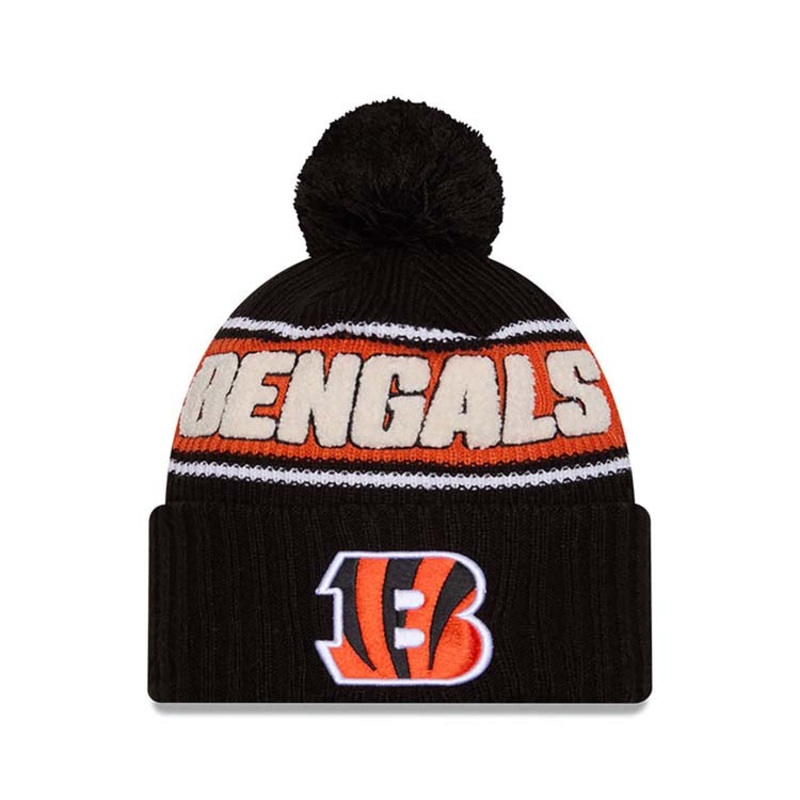Cincinnati Bengals New Era NFL Cuffed Pom Beanie/Knit Hat Black/Orange Crown/Visor Team Color Logo (2024 Sideline)