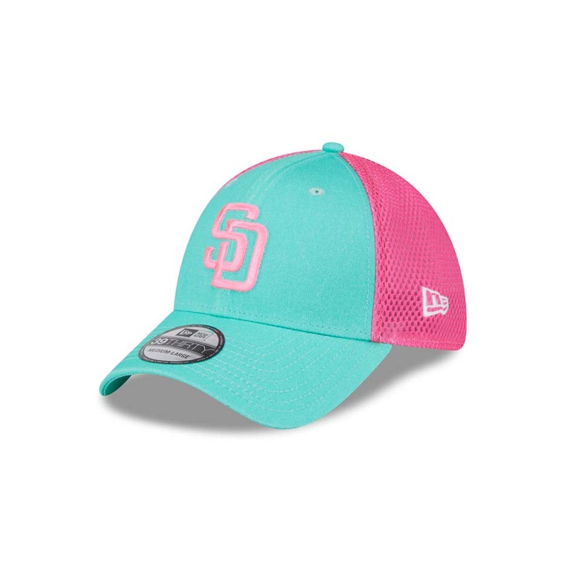 (City Connect) San Diego Padres New Era MLB 39THIRTY 3930 Flexfit Mesh/Trucker Cap Hat Teal/Magenta Crown Teal Visor Pink Logo