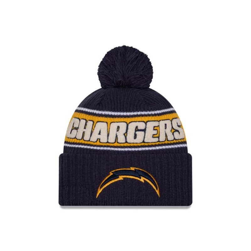 Los Angeles Chargers New Era NFL Cuffed Pom Beanie/Knit Hat Navy Blue/Yellow Crown/Visor Team Color Logo (2024 Sideline)